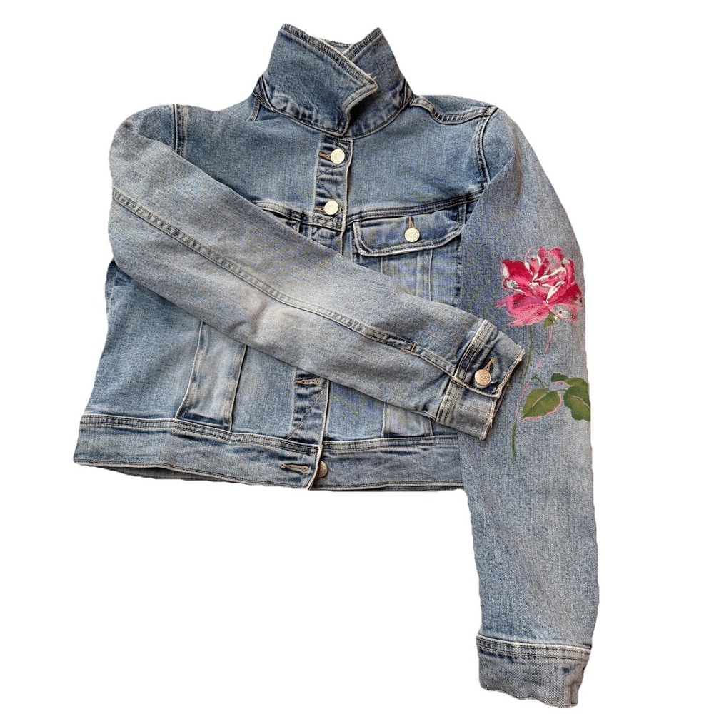 BEBE WOMENS Denim Jeans Jacket hand painted rose SZ-M Light‎ Wash